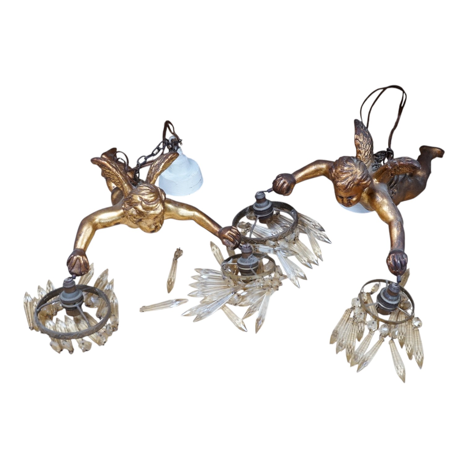 A pair of gilt twin branch cherub chandeliers with glass drops. Condition - some losses